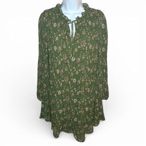 Skies Are Blue Casual Green Floral Pleated Dress Ruffle Collar Tie Neck XS